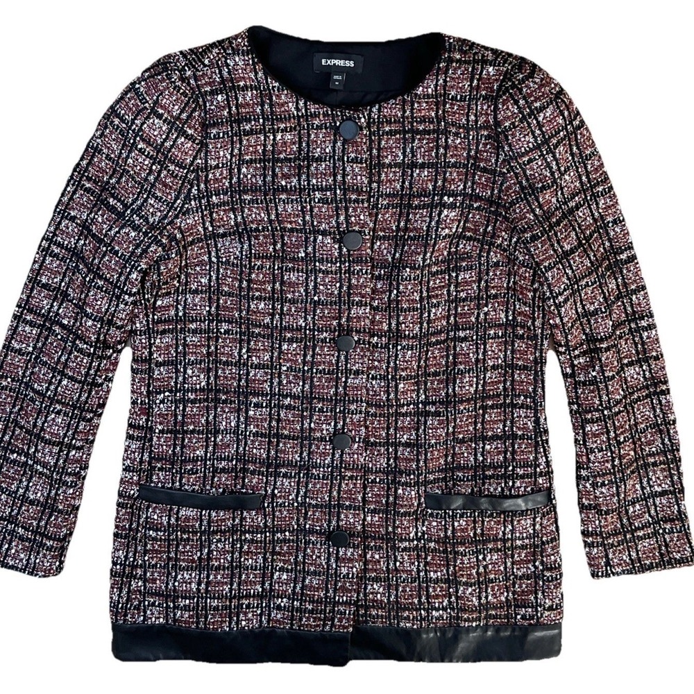 Express Metallic Tweed Blazer Jacket Womens M Enchanted Button Front Tailored